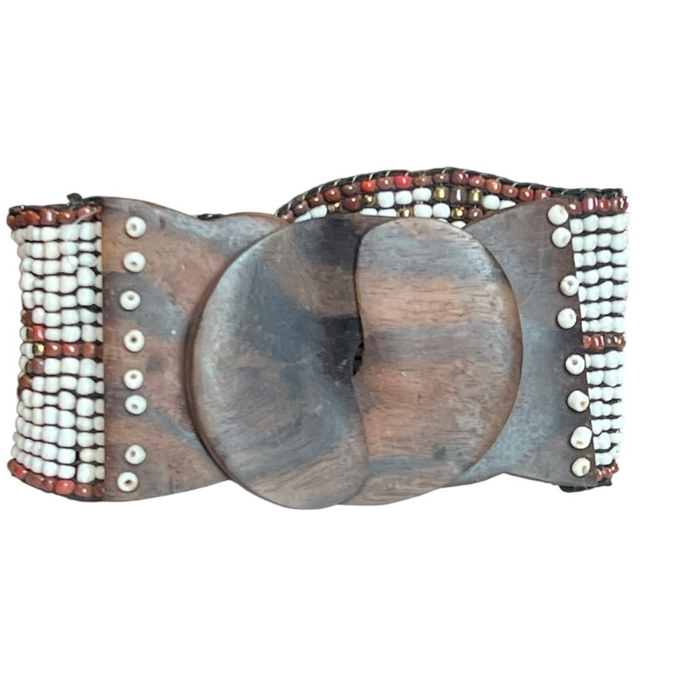 Boho Wide Beaded Stretch Belt Wood Buckle Western Festival